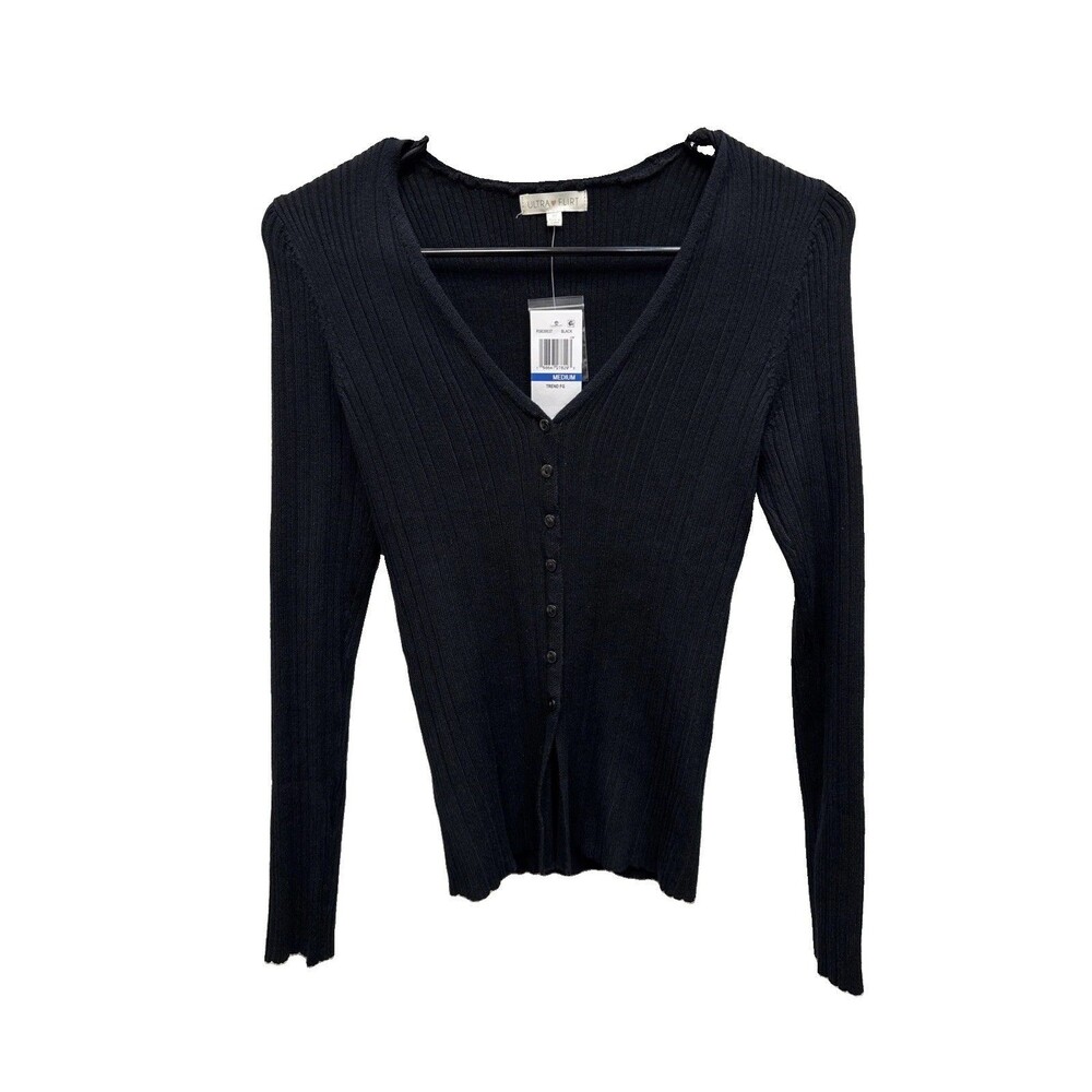Ultra Flirt Ribbed Button Up Top Sweater Cardigan Black M New V Neck